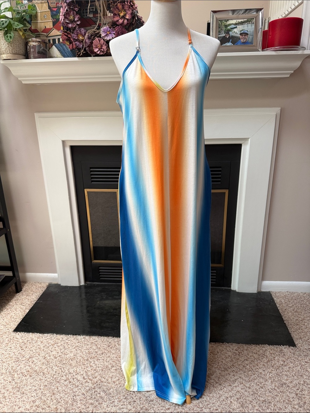 Maxi Slip Dress in Blue, Orange & White